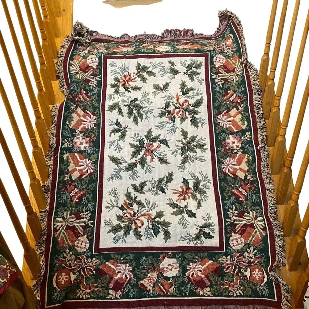 Vintage Beacon Christmas Tapestry Throw Blanket Reversible‎ Bells Ornaments USA